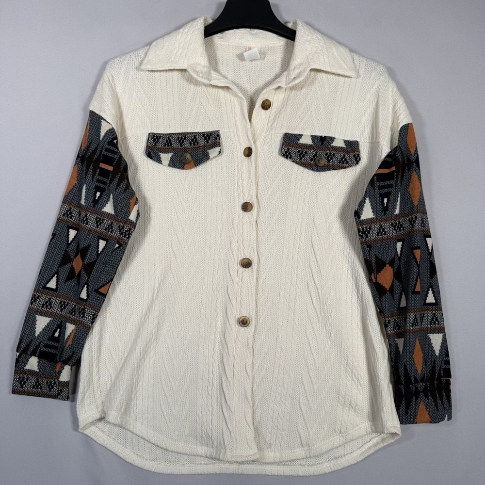 Women's‎ Medium Sweater Aztec Design Collared Button-Down 7th Roy Soft Stretch